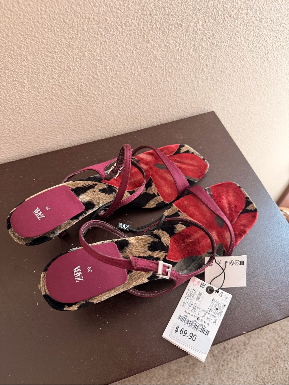 Zara Burgundy Velvet & Leopard Accent Strappy Sandals